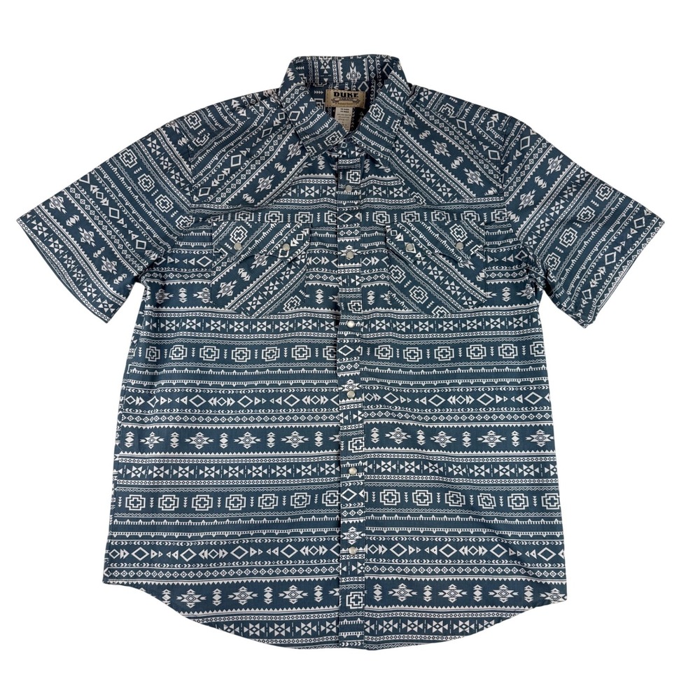 Duke Haband Western Pearl Snap Shirt Mens Large‎ Blue Aztec Tribal Print 1C7